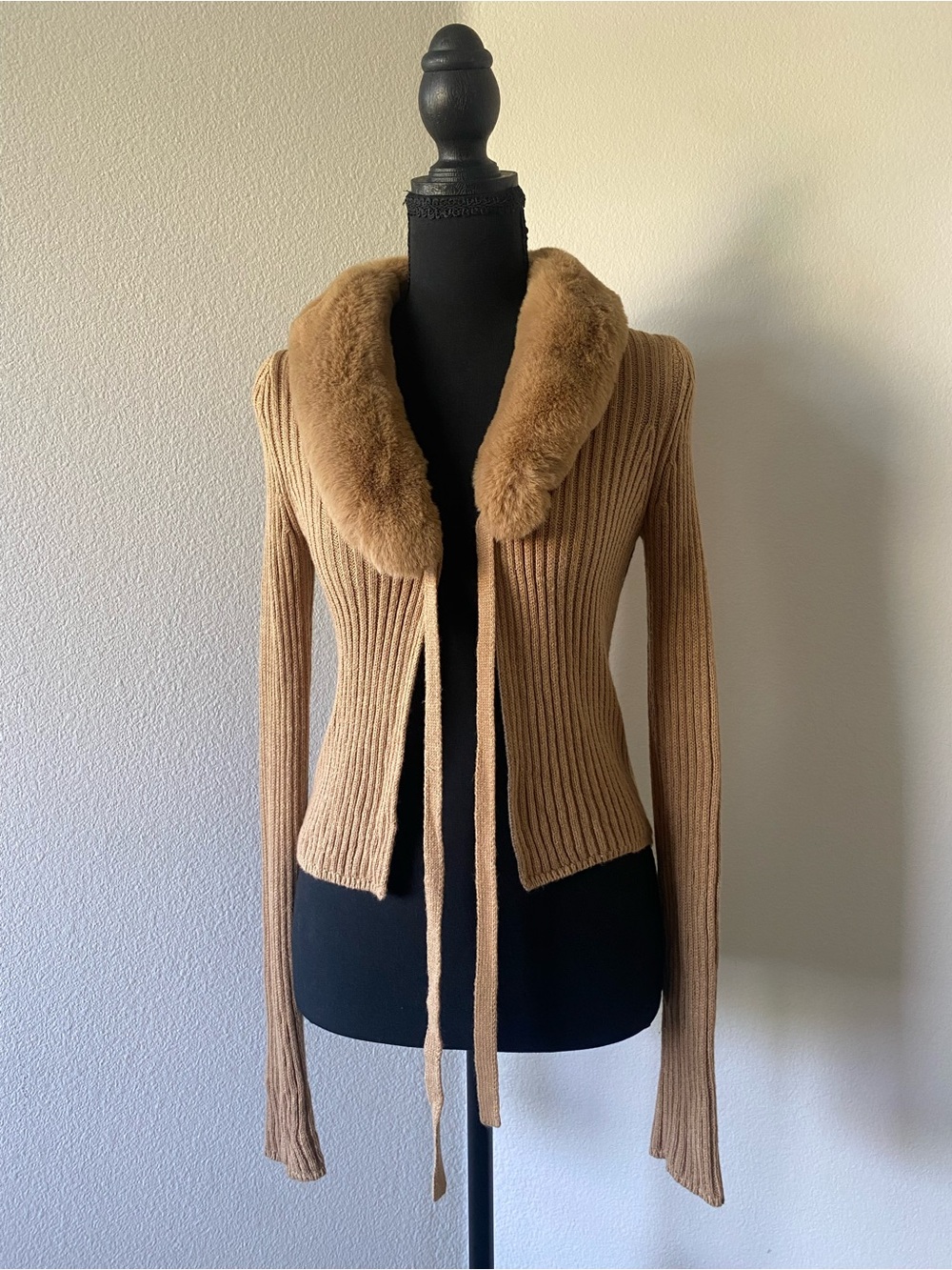 wild fable Camel Ribbed Sweater Cardigan with Faux Fur Collar